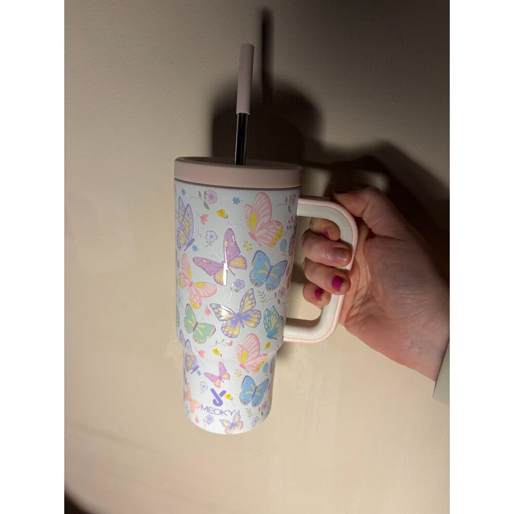 MEOKY 24oz Insulated Tumbler Handle Straw Lid Pastel Butterfly Floral Print Kids